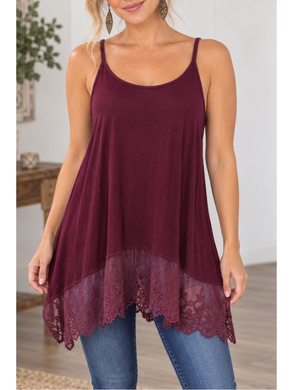 Vanity tunic tank top with lace trim